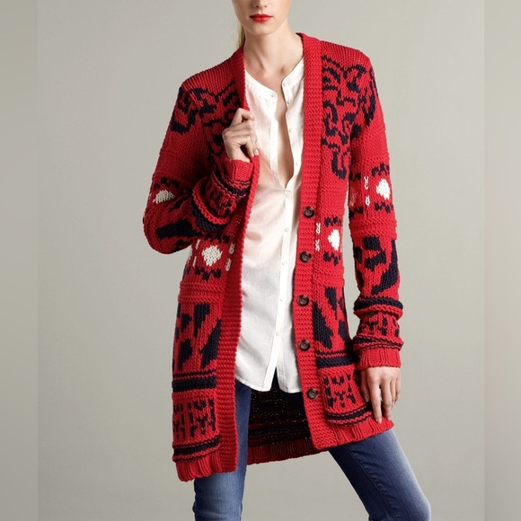 Oui Sweaters - OUI | Red Patterned Knit Duster Button Up Sweater Made in Germany Size 2